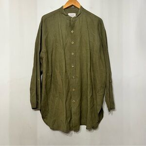 FLAX Jeanne Engelhart 100% Linen Olive Green Band Collar Shirt Natural Tunic 2X